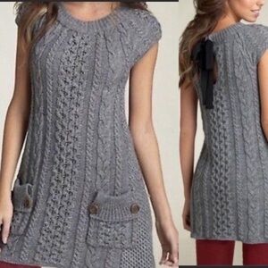 Euc Free People Gray Cable Knit Tunic Pockets Tie Back Cutout Detail SizeS Dress